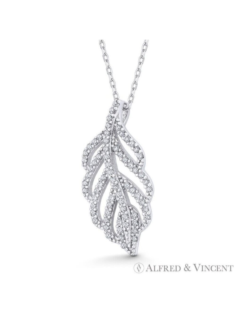 Plant Leaf Charm Nano Crystal or CZ Pendant in .925 Sterling Silver w/ Rhodium